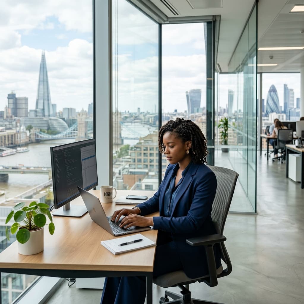Professional working in a modern London corporate office